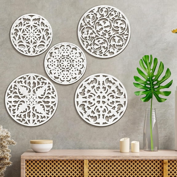 5 Pcs Rustic Medallion Wall Decor White Floral Carved Wood Wall Art Round Farmhouse Wooden Hanging Art Boho Vintage Decoration for Home Living Room Bedroom Office Decor