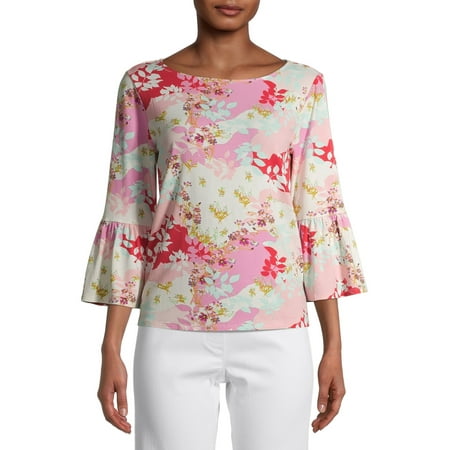 The Pioneer Woman Knit Boat Neck Blouse with Flounce Sleeves