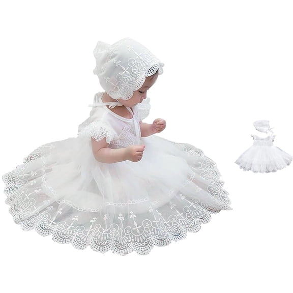HJYCHN Girls Dress Sleeveless Lace Crochet Baptism Gown with Ruffled Cap Sleeves and Bonnet for Toddler Dress 18-24 Months
