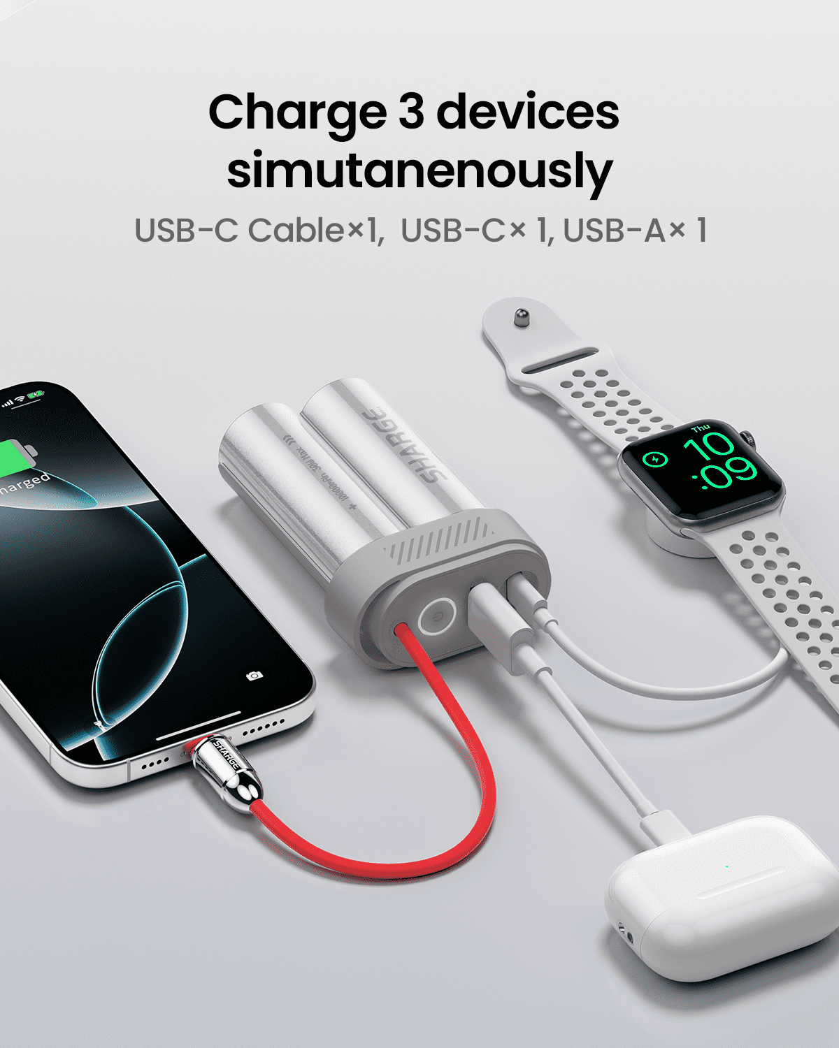 sharge Power Bank 10000mAh 30W Portable Charger with Built-in Type C Cable USB-C and USB-A Port Battery Pack for iPhone 16/15 Galaxy S24 iPad Pixel 9 Gray