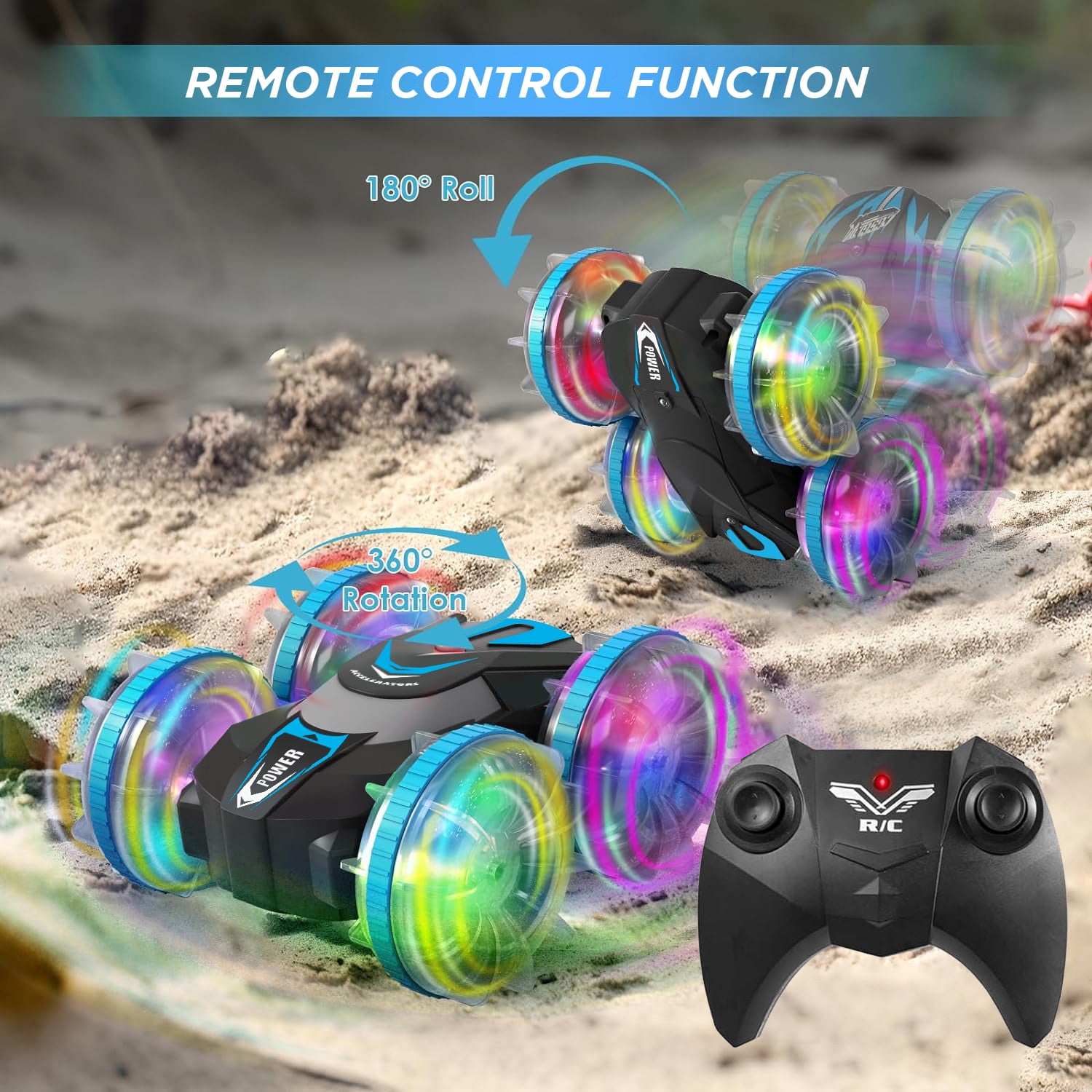 Remote Control Car, Amphibious 4WD RC Stunt Car, Waterproof RC Car 360° Flips Rotation 2.4GHz All Terrain RC Stunt Car with Lights for Boys Girls