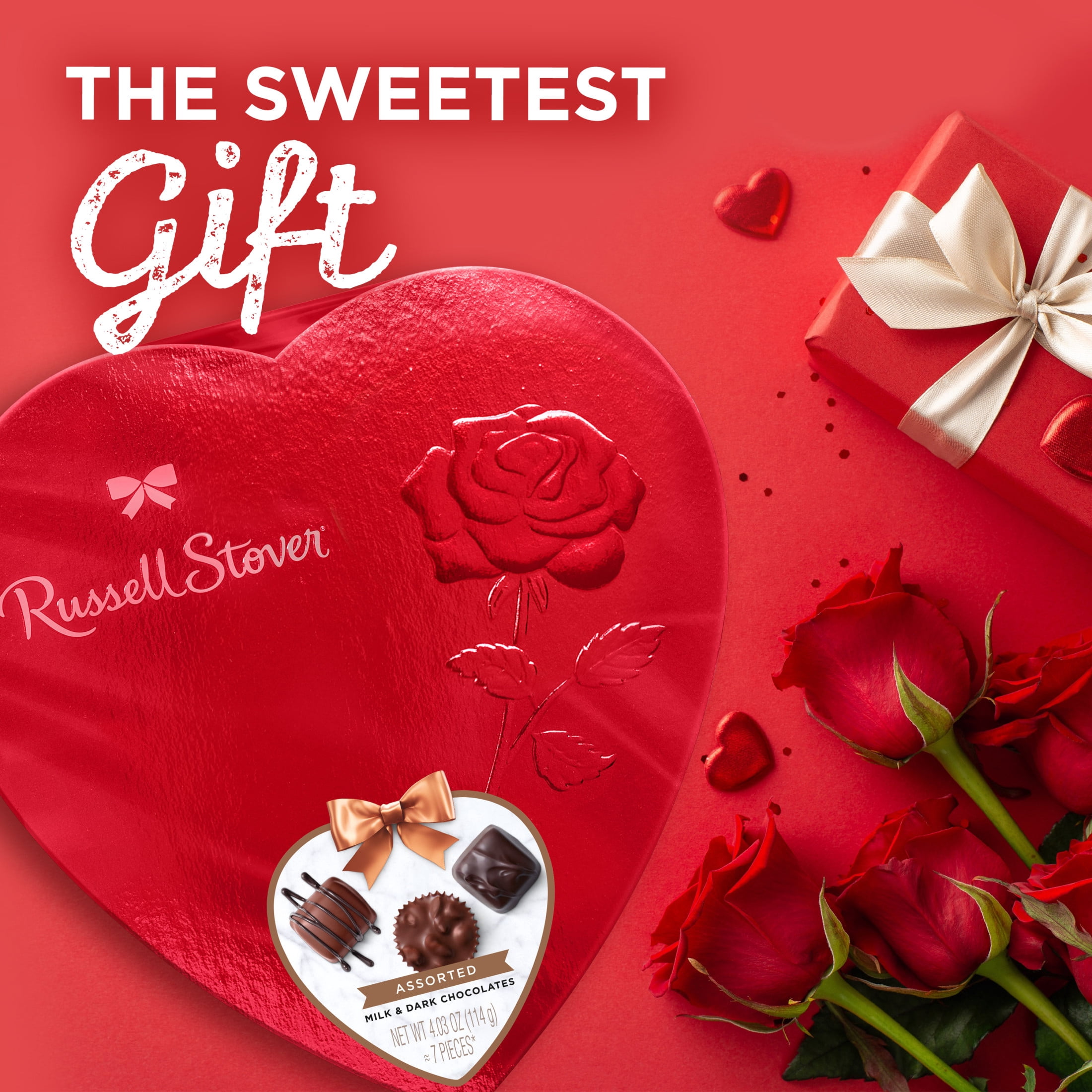 Russell Stover Valentine's Day Red Foil Heart Assorted Milk & Dark Chocolate Candy Gift Box, 4.03 oz.