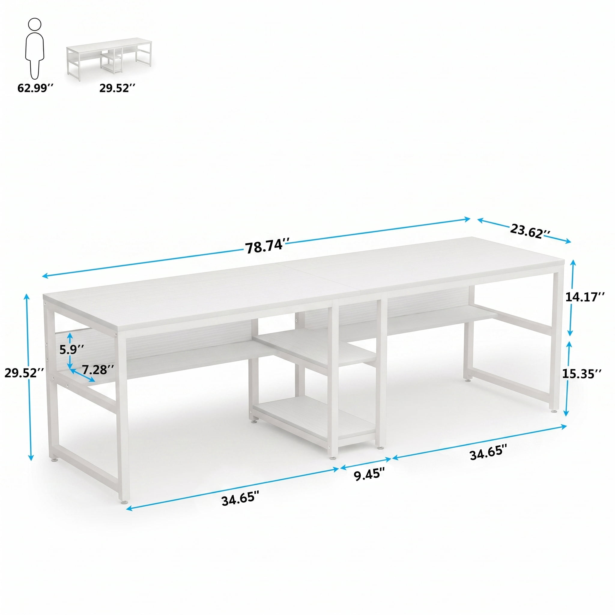 Tribesigns Two Person Desk with Bookshelf, 78.7 Computer Office Double Desk for Two Person, Rustic Writing Desk Workstation with Shelf for Home Office (White)