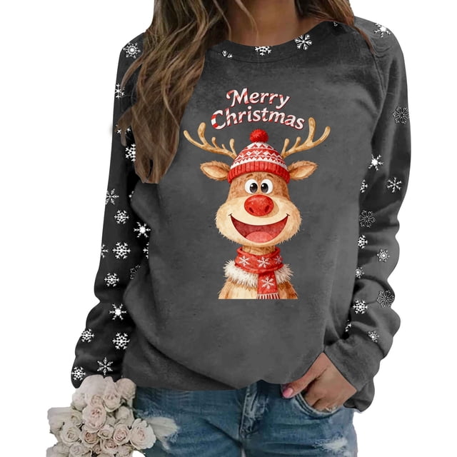 Chandail en Molleton pour Femmes Chandail Tendance de Noël Col Rond Manches Longues Haut Athlétique Mode Automne