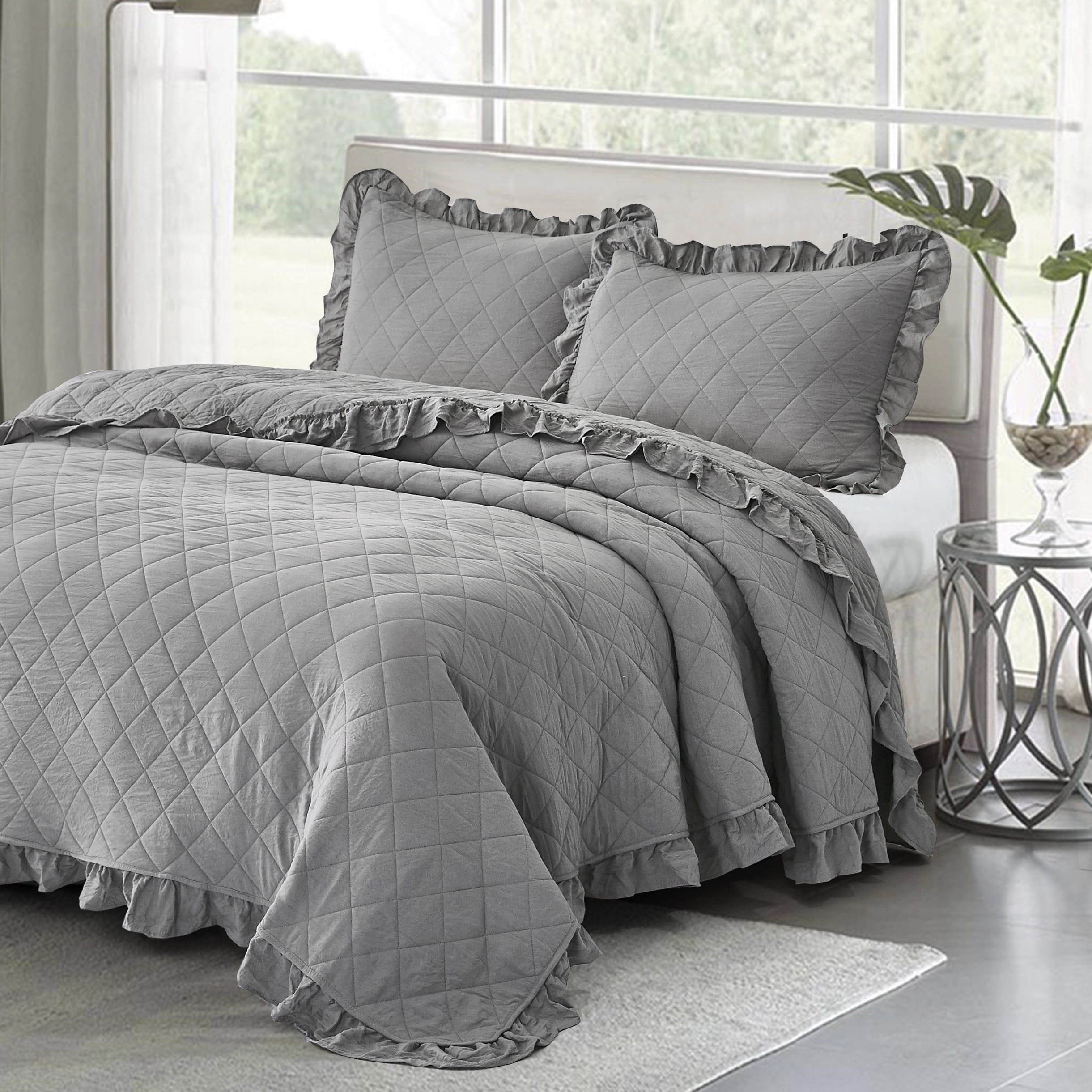 MallenHome 3PCs Diamond Quilt with Ruffle Edge Bedspread/Coverlet Gray
