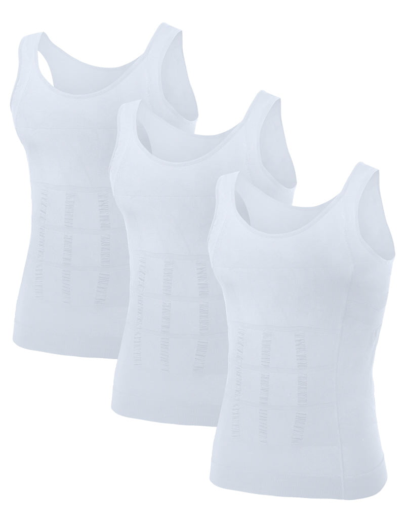 Mens Slimming Body Shaper Waist Trainer Vest Chest Gynecomastia Compression Shirt, 3 Pack-White-XL
