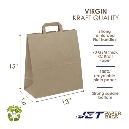 Jet Paper Bags Kraft Paper Bags with Flat Handles, Brown, 100 Pcs, 13" x 6" x 15"H-MAX