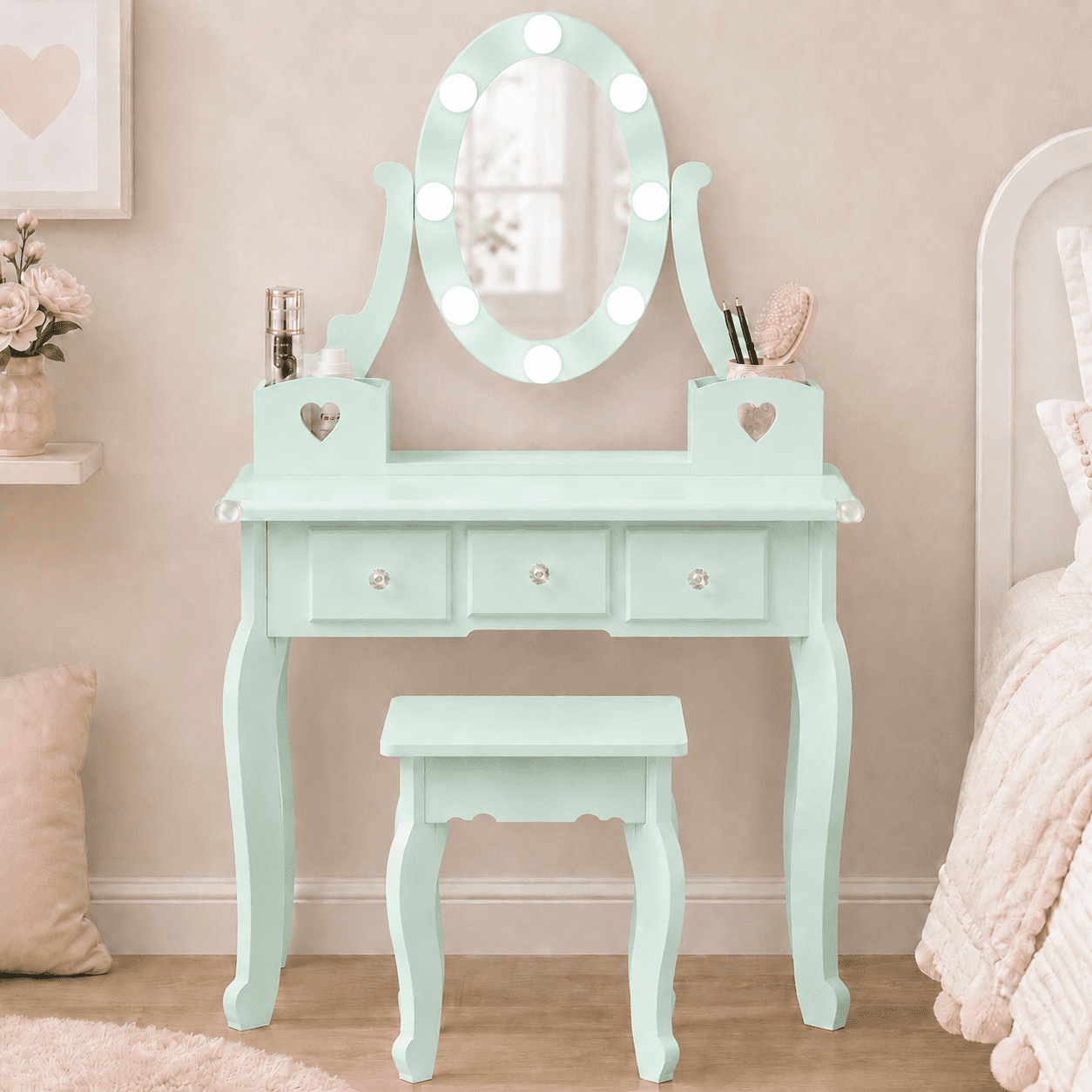 Ktaxon Kids Play Makeup Vanity Set with 3-Color Light, Girls Vanity Dresser Desk with Matching Stool, Light Green