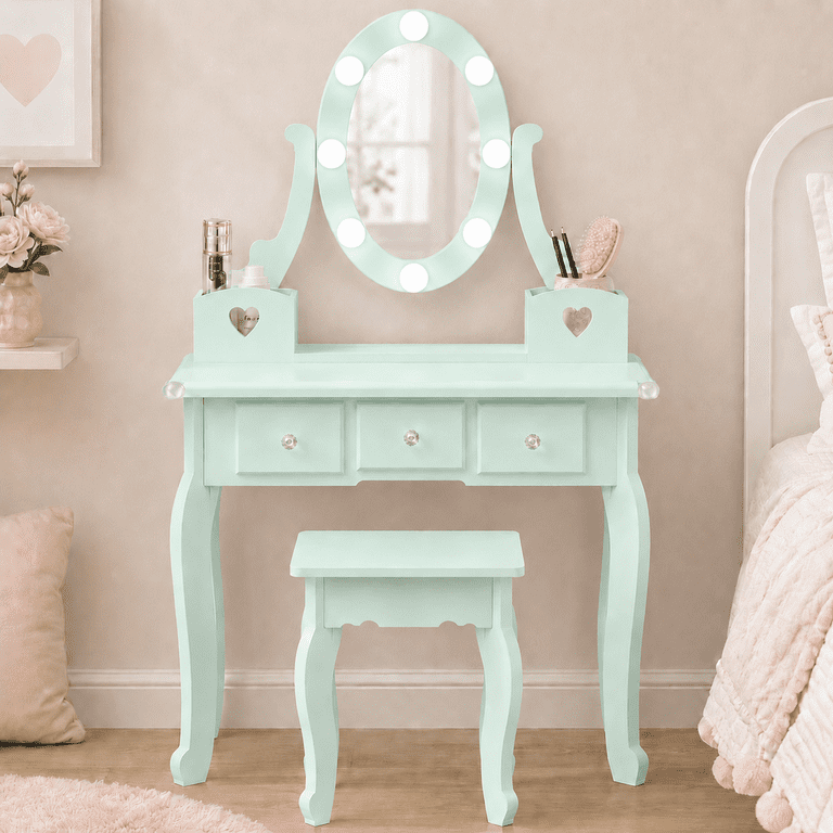 Ktaxon Kids Play Makeup Vanity Set with 3-Color Light, Girls Vanity Dresser Desk with Matching Stool, Light Green