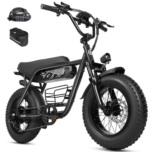 ESKUTE V201 Electric Bike for Adults & Teens 500W, 19MPH, 48V 15.6Ah Battery, 20"x4.0" Fat Tire 7-Speed, Front Suspension, All-Terrain Ebike Black with Phonebag & Lock, UL2849