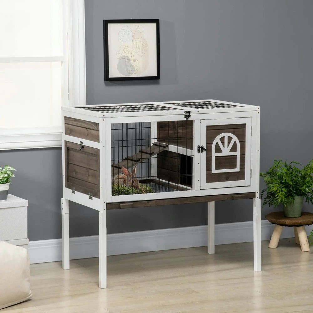 Spaco Wood Rabbit Hutch, Elevated Guinea Pig Cage with Run, Pet Cage for Outdoor, Coffee