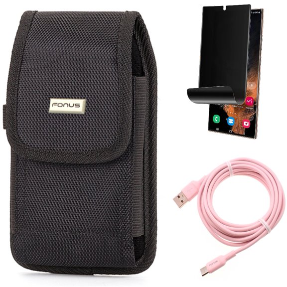 Privacy Screen Protector & 10ft Long USB-C Cable & Case Belt Clip for Samsung Galaxy S22 Ultra (6.8") - Combo TPU Film (Fingerprint) Anti-Peep & Pink Charger Cord Power Wire & Rugged Holster Canvas