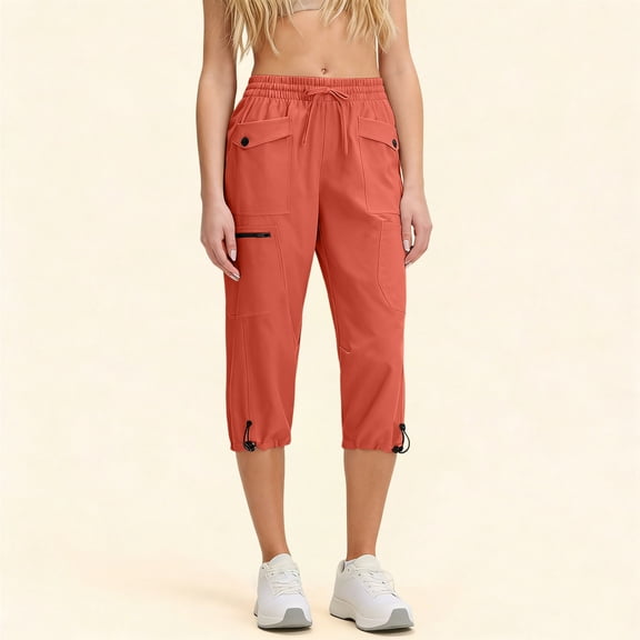 Linen Tapered Fit Drawstring Capris for Women Lightweight Quick-Dry Cargo Pants Multi-Pockets Cropped Bottoms Hiking Travel Outdoor-wear