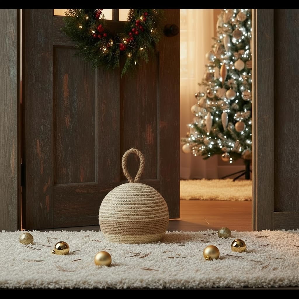 Natural Wicker Door Stopper with Handle, Rustic Farmhouse Decorative Door Stop, Heavy Indoor Doorstop, Nautical Blocker Jammer 6.3''D Sphere Ball Shape (Jute)
