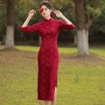 thumbnail image 4 of Cheongsam rojo Jufengxuan, temperamento popular cotidiano, pasarela, banquete, boda, encaje suave largo, 4 of 6
