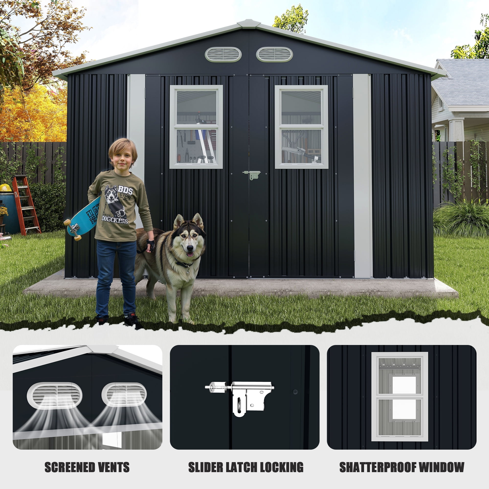 Olurrisa 8x8 FT Outdoor Storage Shed with 4 Windows & Lockable Door, Dark Gray Metal Garden Shed, Waterproof Tool Shed for Backyard, Patio & Lawn Equipment
