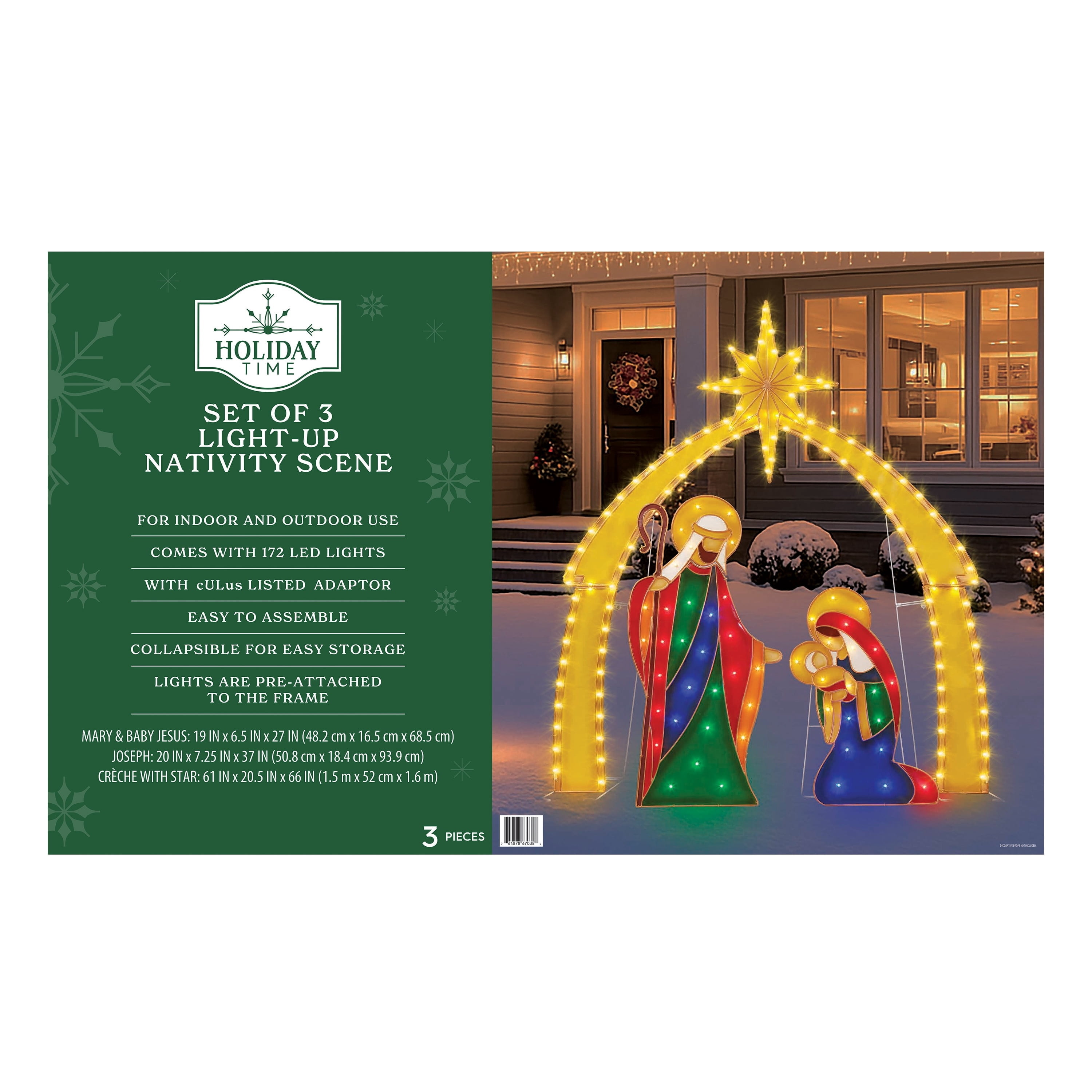 Indoor/Outdoor Light-Up Nativity Scene Set Christmas Decoration with 174 LED Lights, Multicolor, 3 Pieces, by Holiday Time