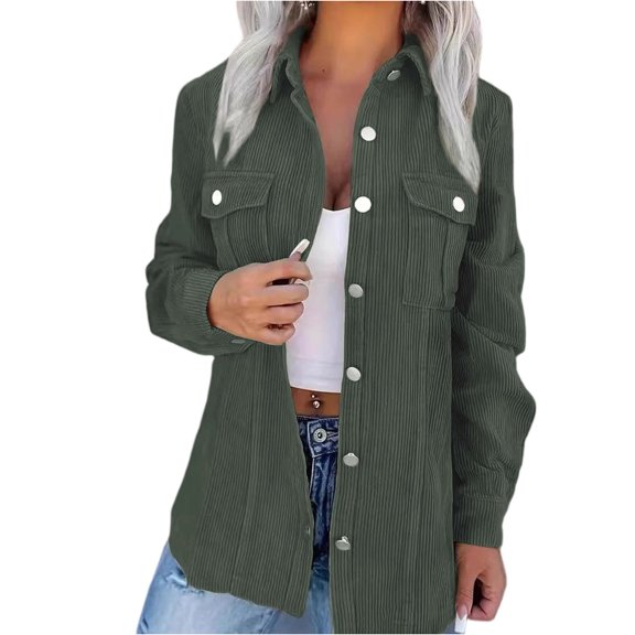 LWavelet Corduroy Overshirt Jacket Women Stylish Fall Casual Loose Layered Trendy Outerwear Dark Green M