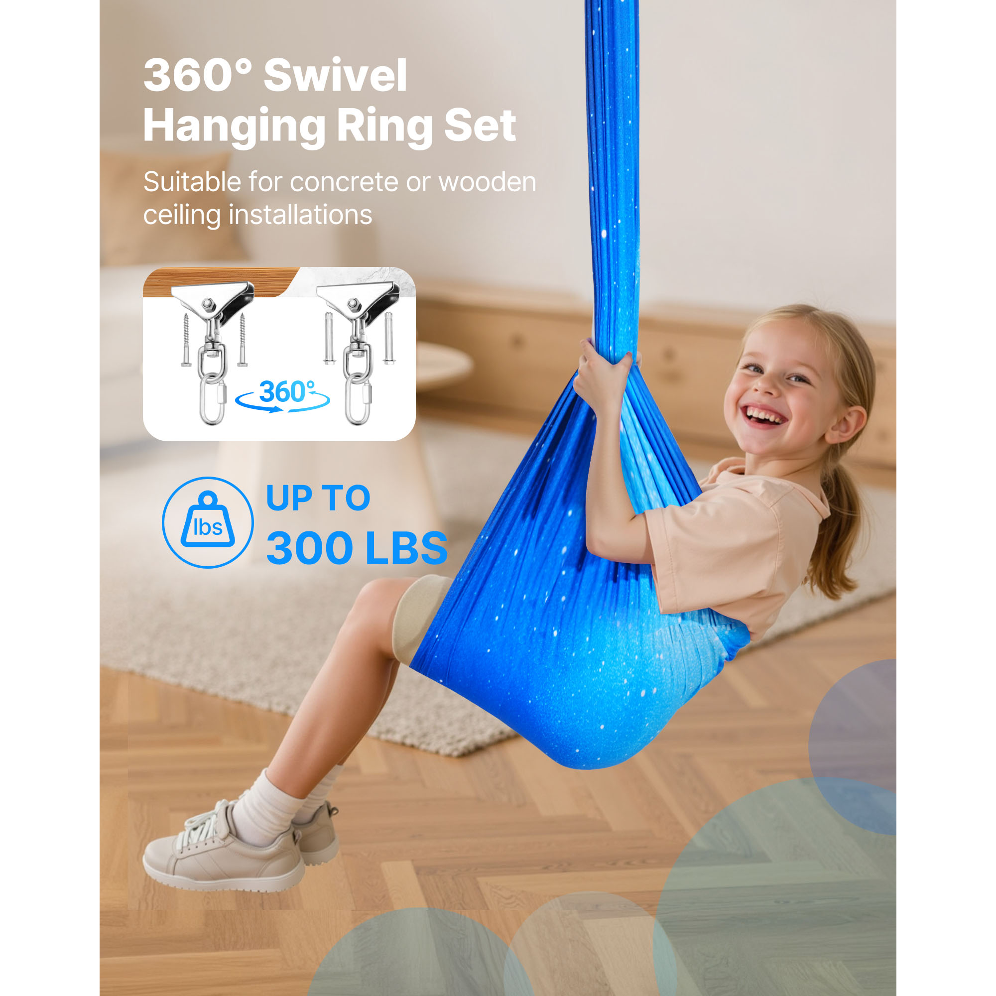 KFFKFF Sensory Swing with Double-Layer Fabric, Indoor & Outdoor Hammock for Kids, 360° Swivel Hanger, O-Sling, Supports up to 300lbs, Adjustable Aerial Yoga Hanging Swing