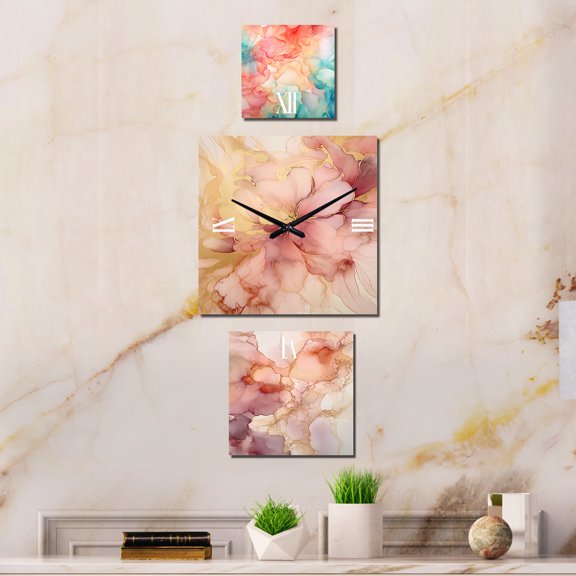 Designart "Enchanted Spills Orange Teal Elegance" Abstract Print Oversized Wall Clock - Set Of 3 - Multipanel Clock For Living Room Décor - Large Contemporary Wall Clock