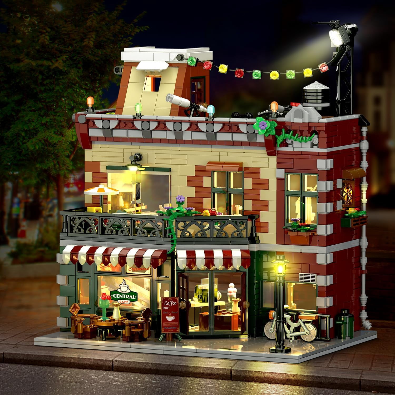 TERRAMUS Cafe Shop Building Kit with LED Light, 1589 Piece City Street View Building Blocks Set, Coffee House Construction Toy for Ages 12+