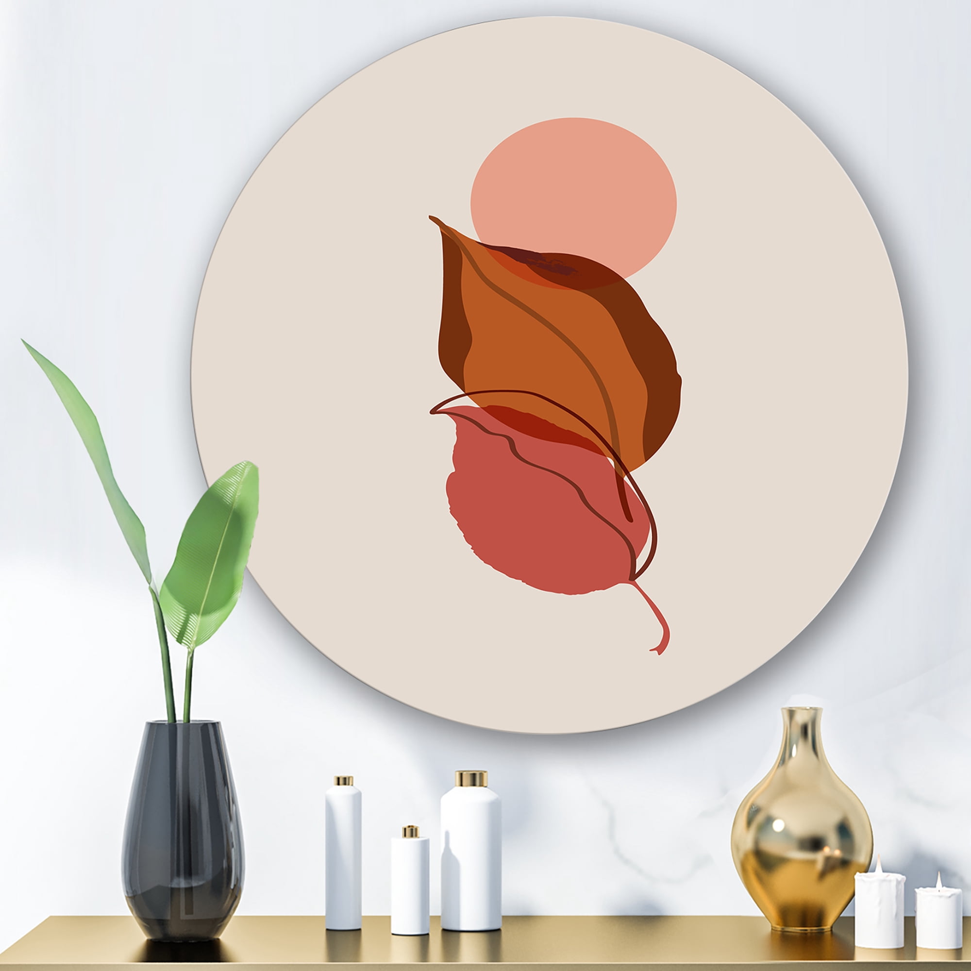 Designart 'A Red Full Moon Over Two Autumn Leaves' Modern Circle Metal Wall Art 23x23 - Disc of 23