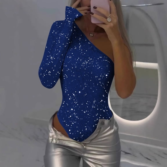 Women's Shoulder Solid Color Slim Sequin Jumpsuit