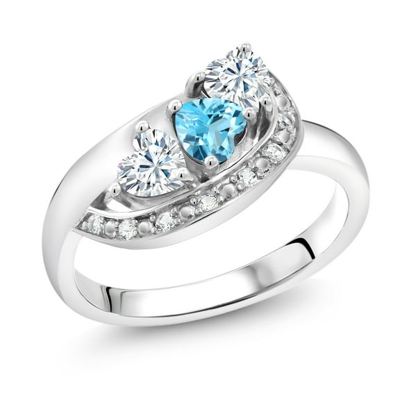 Gem Stone King 925 Sterling Silver Swiss Blue Topaz and White Moissanite and White Created Sapphire Engagement Ring for Women (0.85 Cttw, Gemstone November Birthstone, Heart Shape 4MM, Size 6)