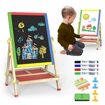 JOYOOSS 3-in-1 Kids Easel with Chalkboard & Whiteboard, Wooden Toddler Art Easel for Ages 4-12, Adjustable Magnetic Drawing Board with Markers & Eraser 105-Natural