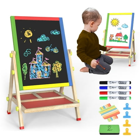 JOYOOSS 3-in-1 Kids Easel with Chalkboard & Whiteboard, Wooden Toddler Art Easel for Ages 4-12, Adjustable Magnetic Drawing Board with Markers & Eraser 105-Natural