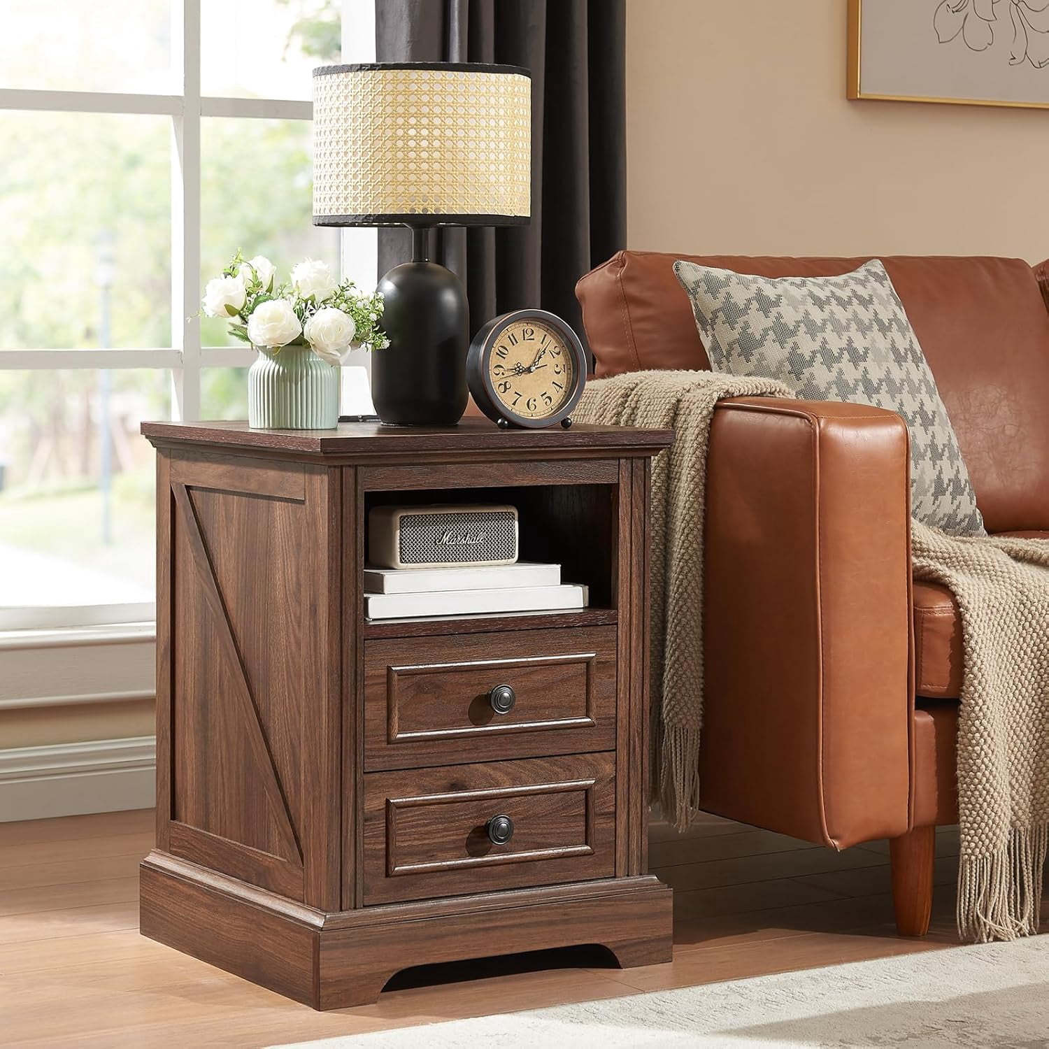 18" Farmhouse Nightstand with Charging Station,Side Table with 2 Drawers and Open Storage, Side Table,Bedside Cabinet for Bedroom,Living Room,Brown