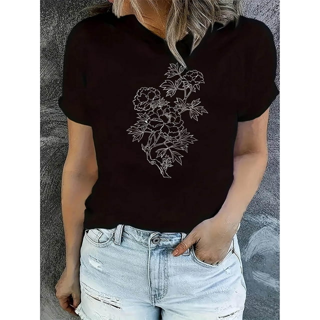 T-Shirt à Imprimé Floral pour Femmes, Col Rond Décontracté Manches Courtes, Polyester 95 % Spandex 5 % Tissu Tricoté, Extensible Moyen, Mode Toutes Saisons Fête des Pères, Fête des Mères, Nouvel An, Festival de Printemps