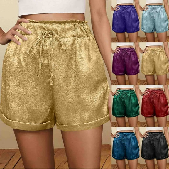 FNFYFH Elastic Waisted Shorts for Women Drawstring Sequined Shorts with Pockets Summer Comfy Lightweight Fashion Short Bottoms 2025,Gold S-XXL