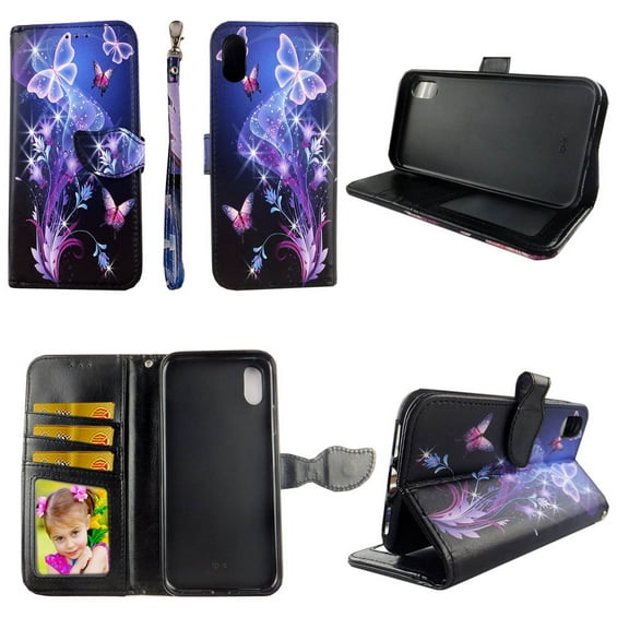 Galaxy Butterfly Wallet Case for iPhone XS X 2018 Folio Standing Cover Card Slot Money Pocket Magnetic Closure Fashion Flip Pu Leather