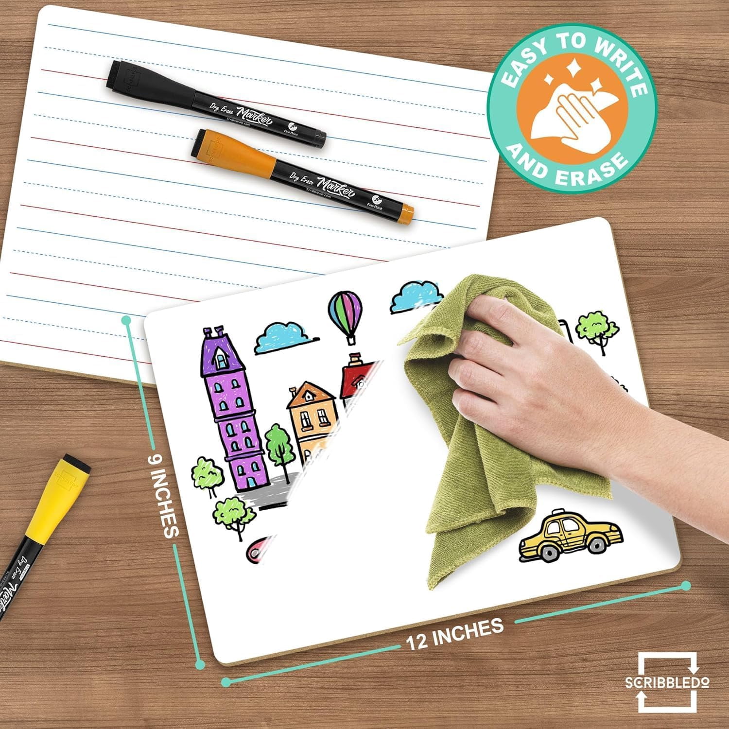 Scribbledo Lined Dry Erase Boards 9"X12"  Double Sided Ruled Whiteboards  Markers and Erasers  5 pack