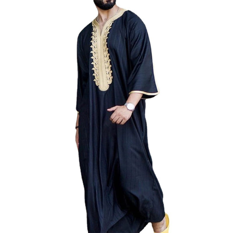 Men's Long Sleeve Tops Thobe Kaftan Loose Islamic Caftan Shirts Maxi Robe Dress 