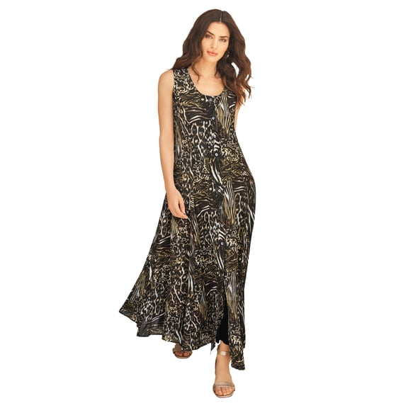 Roaman's Sleveless Hand-Crinkled Button-Front A-Line Maxi – Breezy Dress