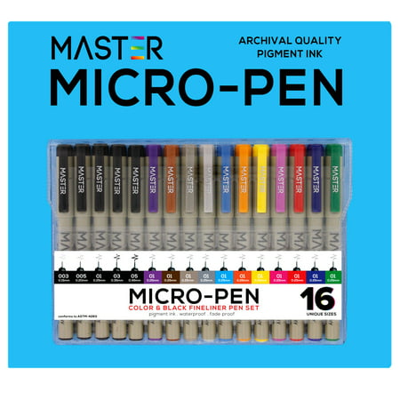 16 Master Micro-Pen Fineliner Pens, 11 Colors 5 Black Fine Line Art Writing