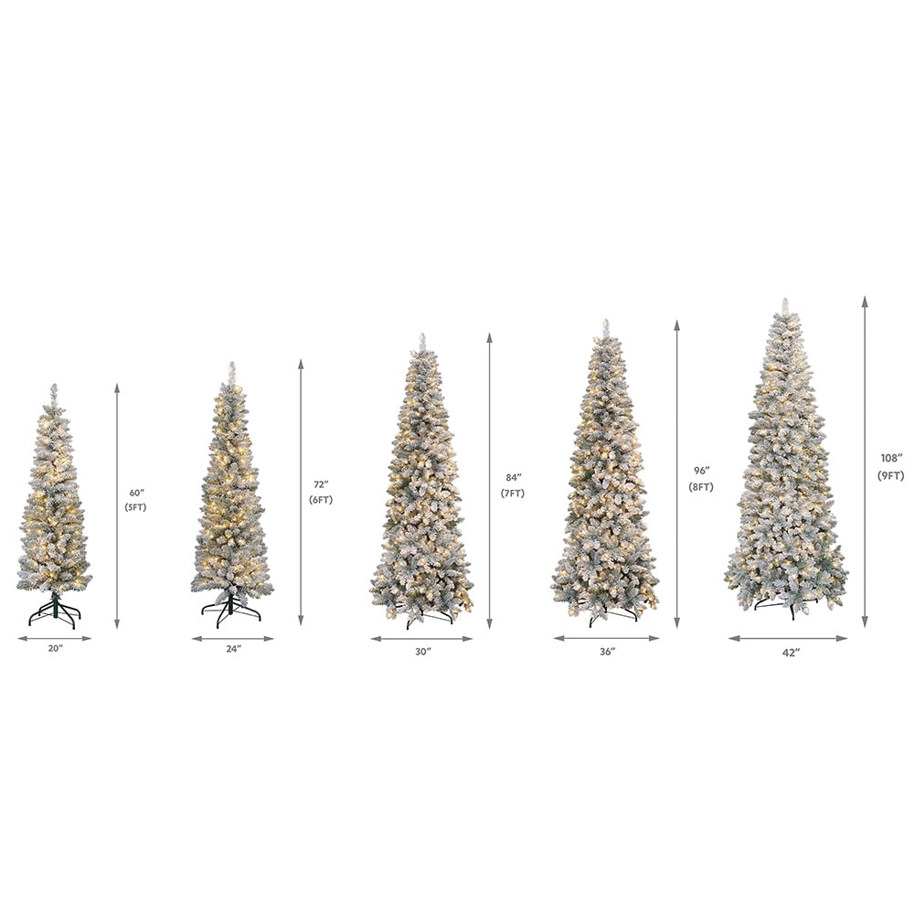 Abble 6FT Snow Flocked Artificial Slim Pencil Christmas Tree with LED Warm White Lights and Metal Stand