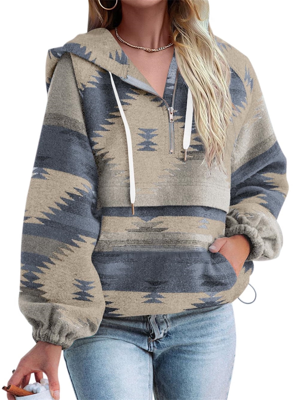 Long Sleeved Womens Aztec Half Zip Up Hoodies Sweatshirt Casual Oversized Ethnic Tribal Hooded Pullover Shirt Top
