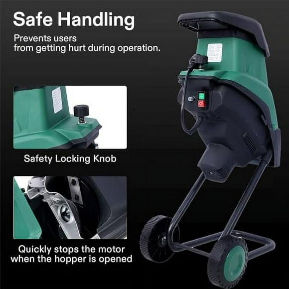 15Amp Electric Wood Chipper/Shredder with Wheels Electric Garden Shredder Portable Chipping Width Collection Bag, Double Sided Blade System, Auto Shut-Off Green