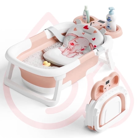 Aprpink Foldable Baby Bathtub Elephant PP+TPE with Soft Cushion&Thermometer for 0-36 Months Toddler Pink
