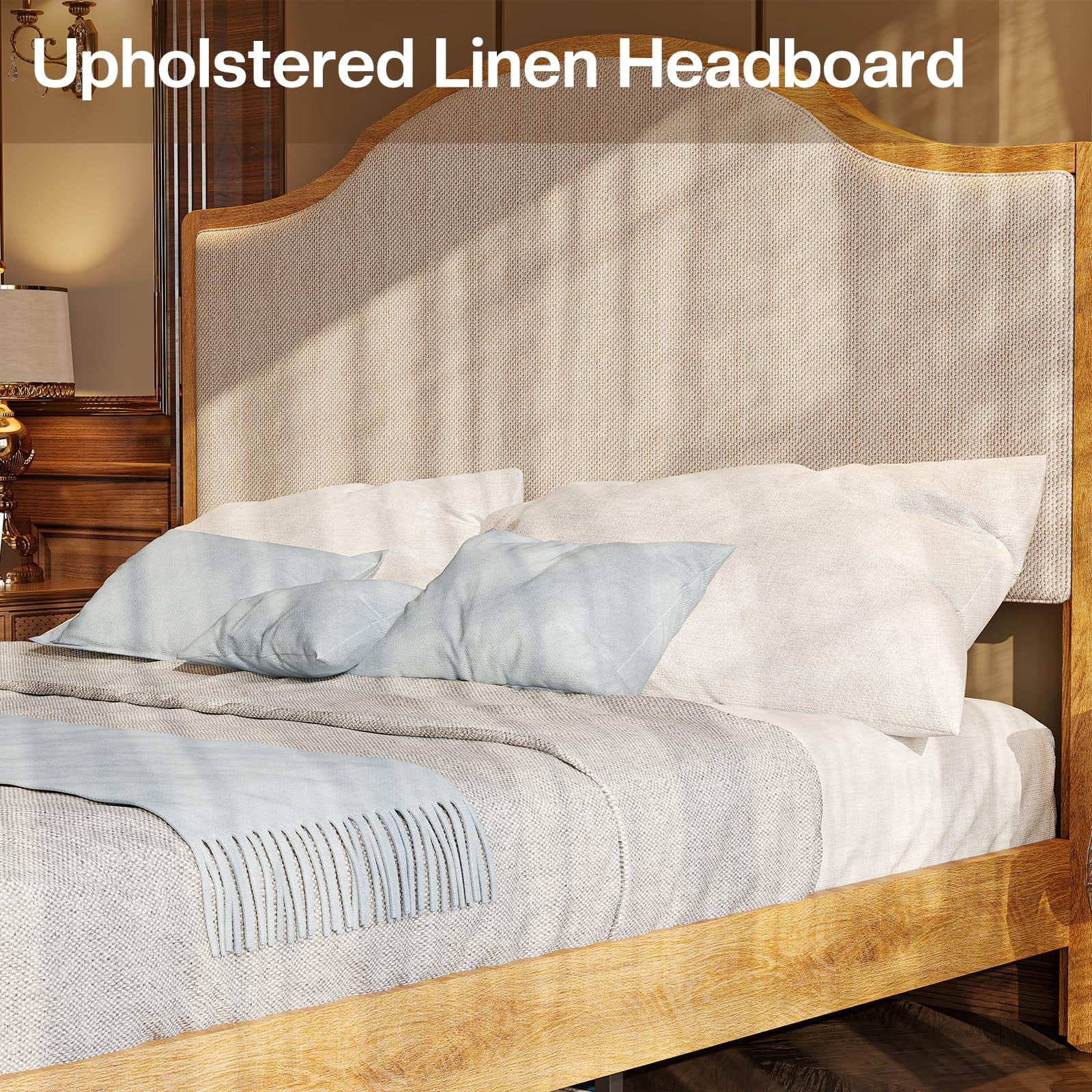 Merluxy Wooden Platform Queen Bed Frame with Upholstered Headboard Solid Wood Bed, No Box Spring Needed, Walnut