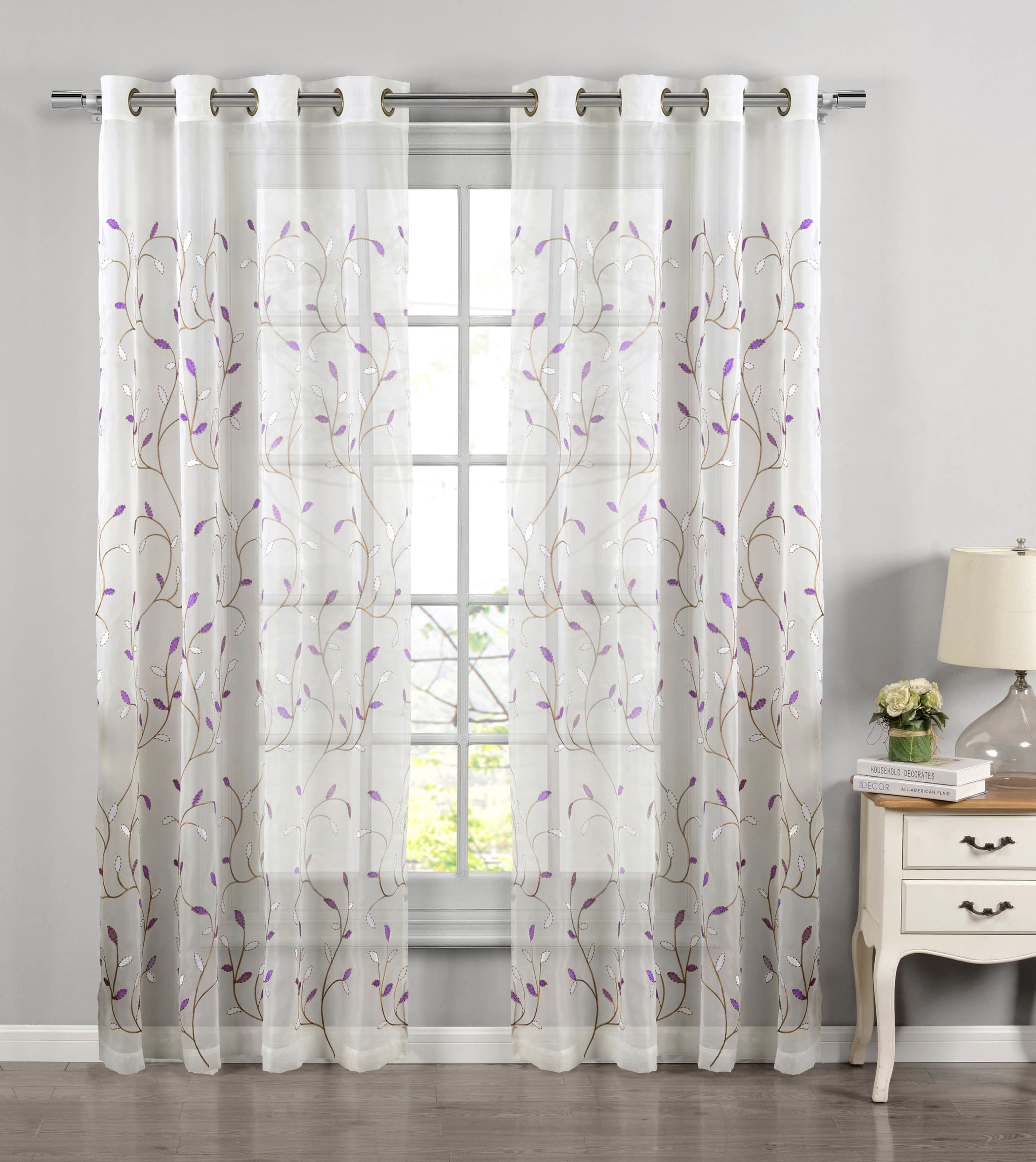 Grommet Curtain Panel, Embroidered Sheer Extra-Wide, Purple 54" x 84"
