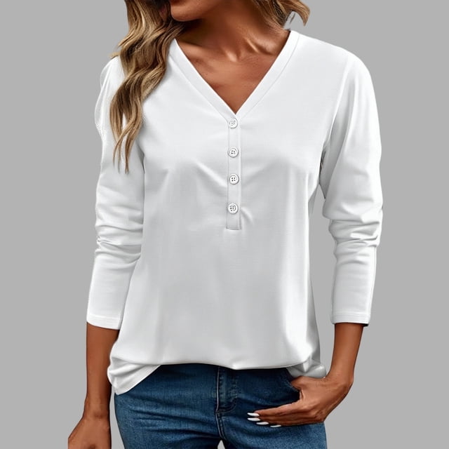 MHFRRA Camiseta de Manga Larga con Cuello En V para Mujer, Blusa Informal de Vacaciones con Botones, Blusa Básica de Color Puro para Primavera y Otoño Blanco