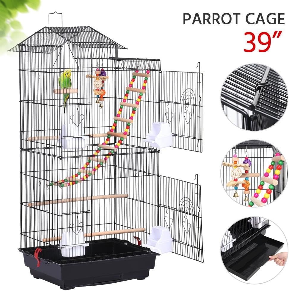 39-inch Roof Top Large Flight Parrot Bird Cage for Small Quaker Parrot Cockatiel Sun Parakeet Green Cheek Conure Budgie Finch Lovebird Canary Pet Bird Cage w/Toys