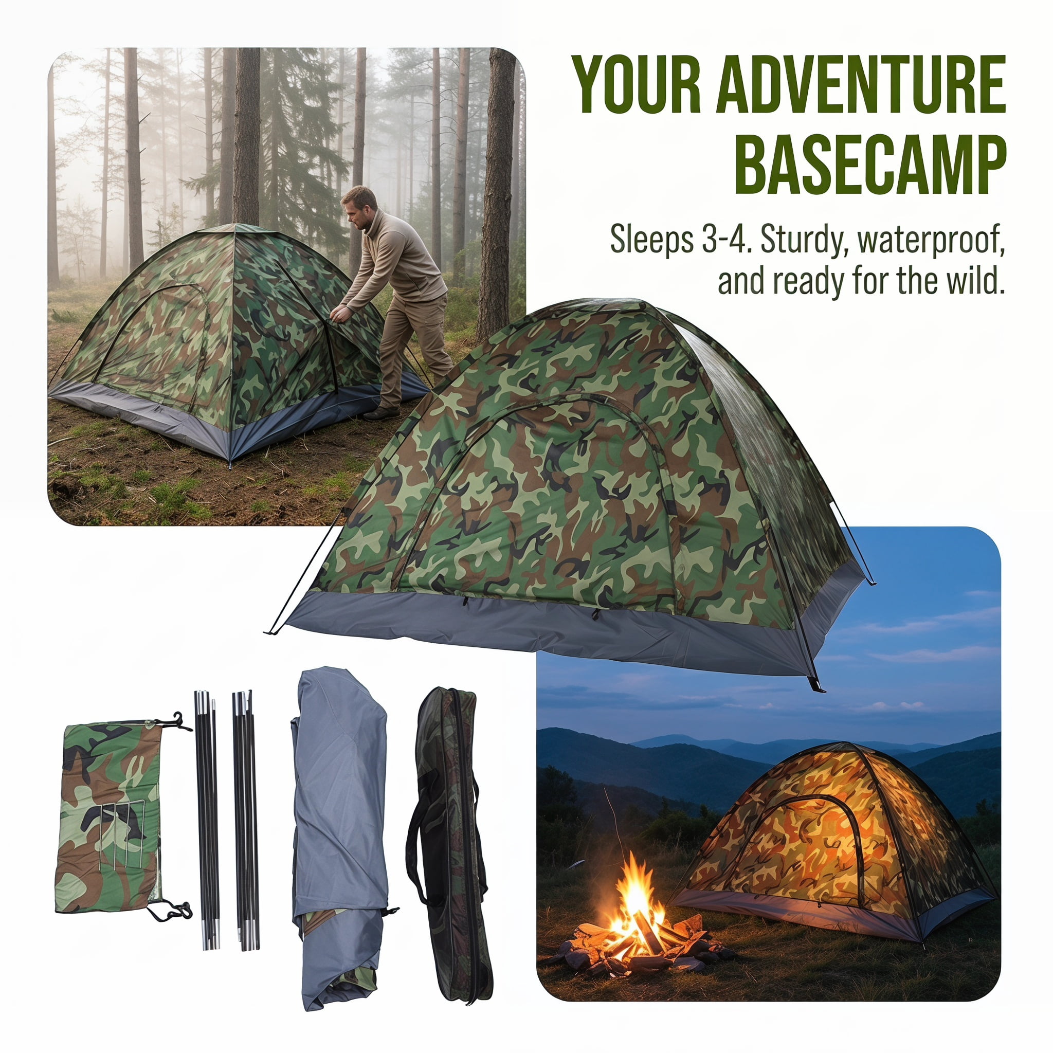 3-4 Person Camouflage Camping Dome Tent, Waterproof Outdoor Backpacking Tent
