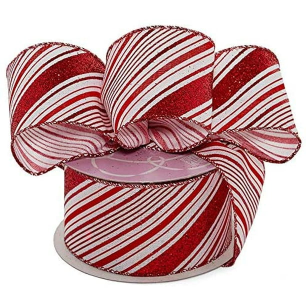 Candy Cane Wired Christmas Ribbon 2 1/2" x 10 Yards, Sparkly Red