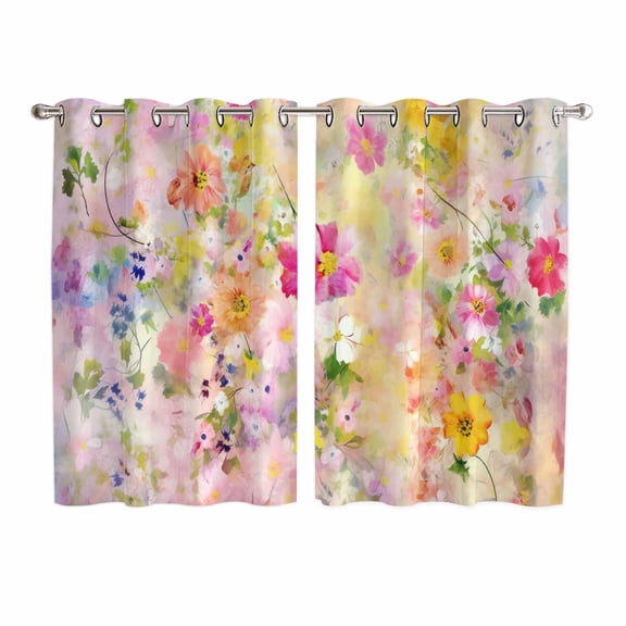 Spring Floral Kitchen Curtains 72 Inch Length, Elegant Watercolor Botanical Summer Flower Grommet Top Bedroom Living Room Curtains, Light Filtering Cafe Curtain Drapes 2 Panels Set 104''x72''