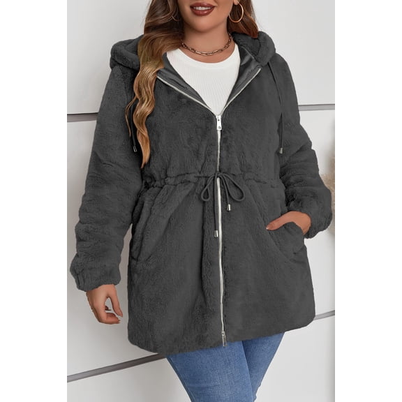 Giolshon Women's Plus Size Long Faux Fur Coat Warm Thickened Zip-Up Hooded Shaggy Fluffy Winter Casual Outerwear